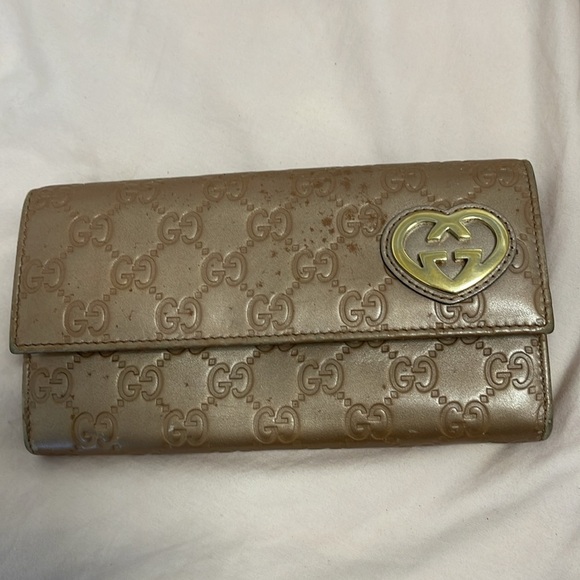 Rare Gucci Metallic Guccissima Leather Flap Over Wallet Heart GG Gold EMBOSSED - Picture 2 of 10